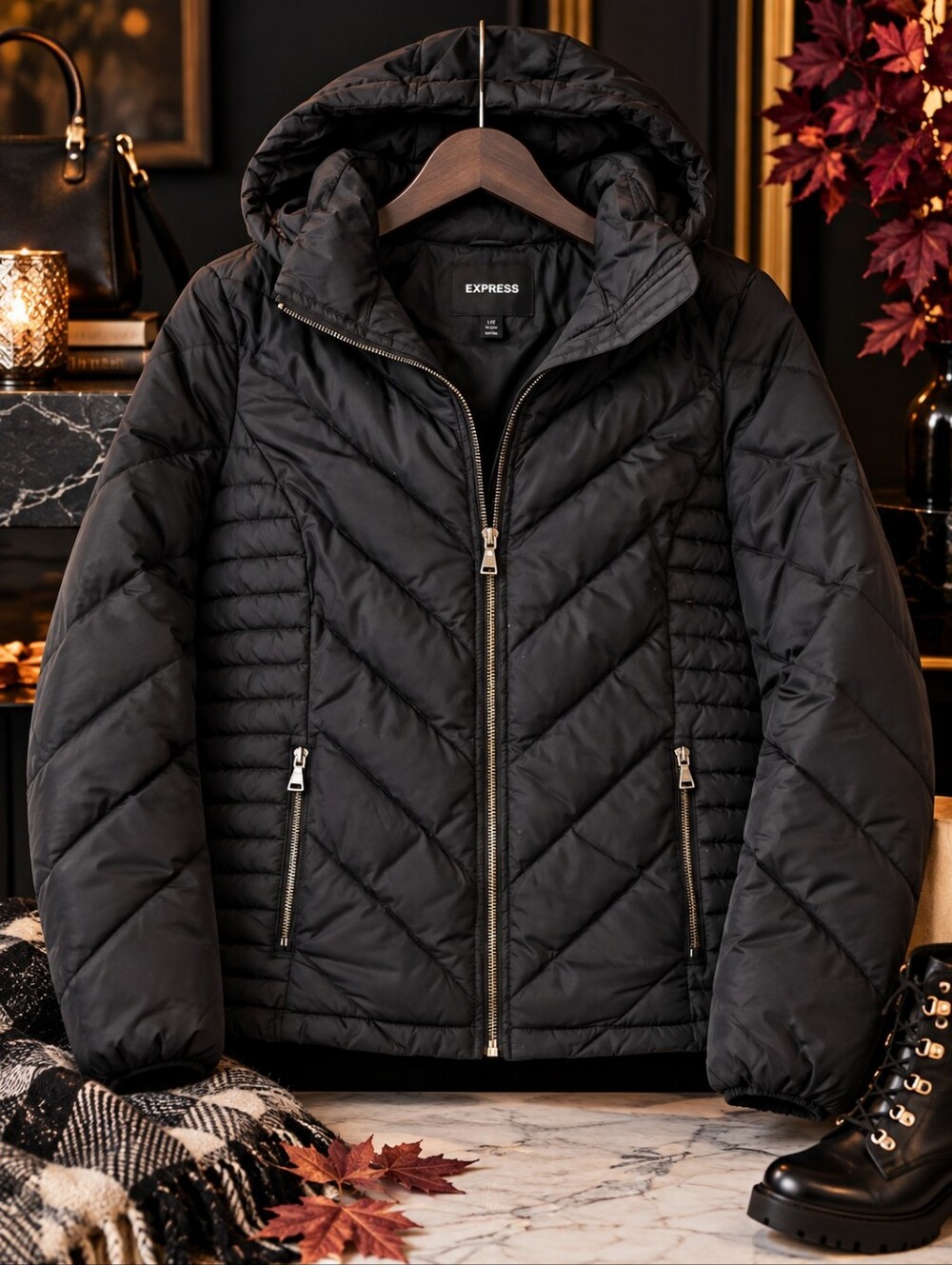 Express Black Hooded Quilted Puffer Jacket Coat L